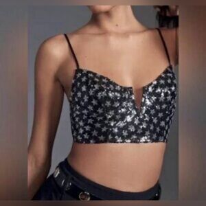 Anthropologie Black Starry longline sequin bra XL NEW